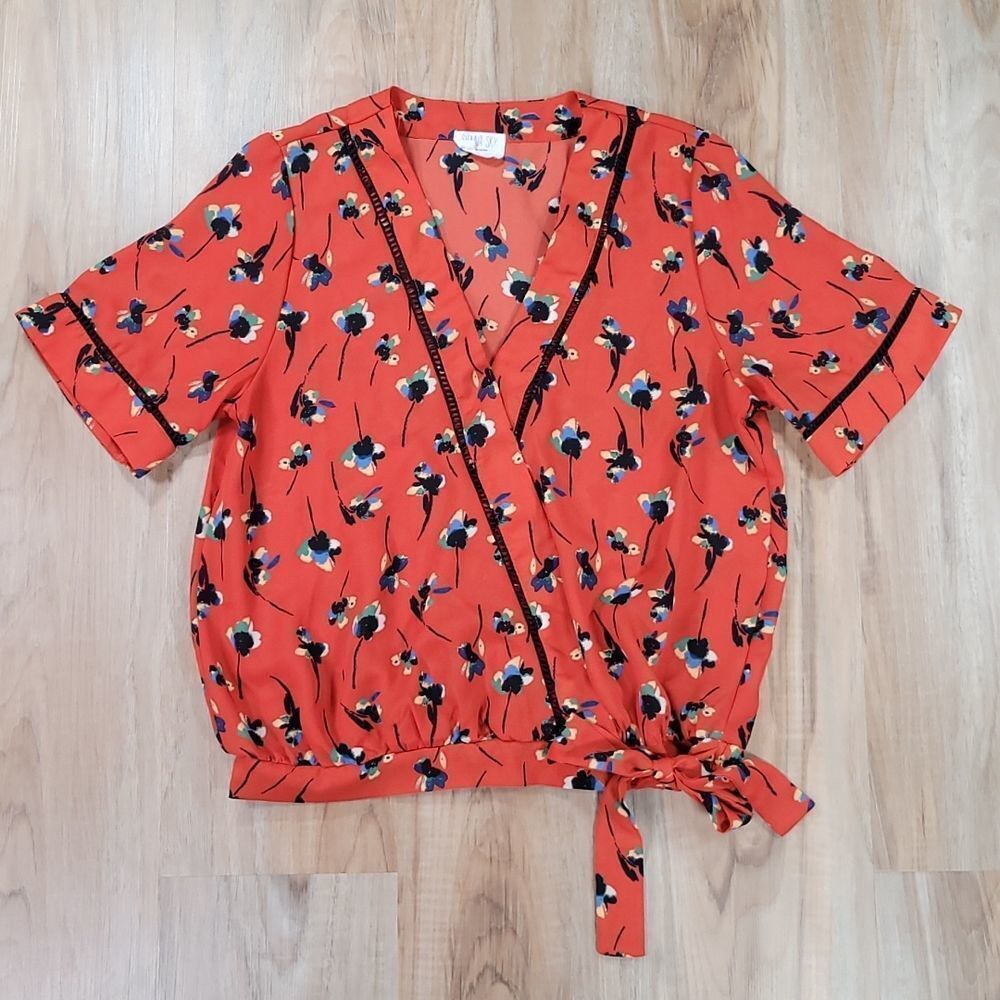 🔹️Sienna Sky Rust Orange Floral Faux Wrap Top Medium